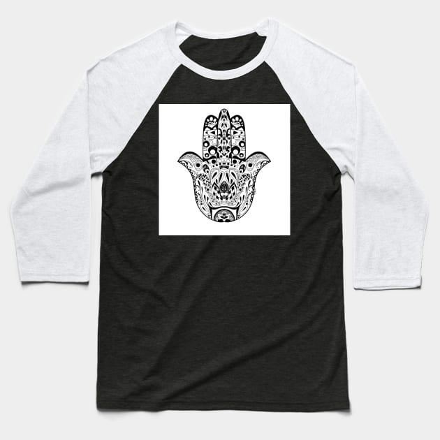 the hand of buddha in mexican ecopop pattern Baseball T-Shirt by jorge_lebeau